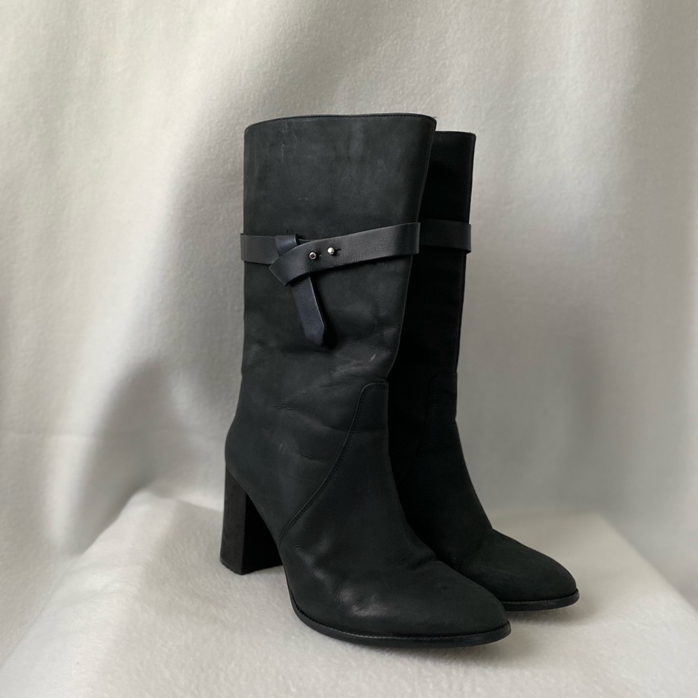 Eram Black Leather Euro Size 40 (US Size 9) Mid-Calf Block Heel Round Toe Boots